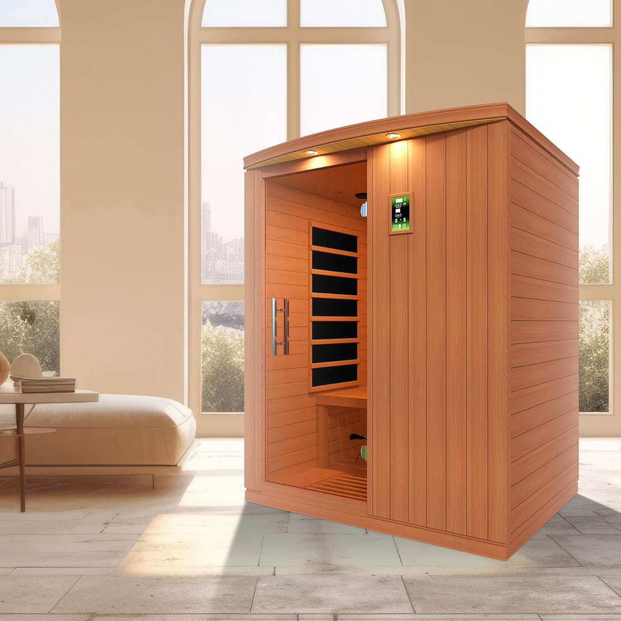 Dynamic Saunas Madrid Elite 3 Person Capacity PureTech Ultra Low EMF Infrared Therapy Home Sauna Box with Bluetooth, Roof Vent, and LED Control Panel DYNAMIC SAUNAS