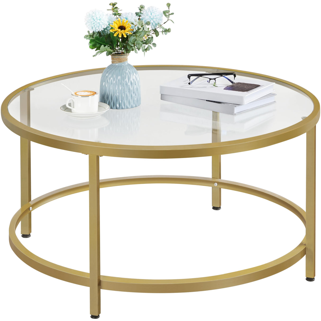 Yaheetech Gold Glass Coffee Table for Living Room, 36" Round Glass Coffee Table with Metal Frame, Circle Coffee Table for Home, Office, Apartment Yaheetech