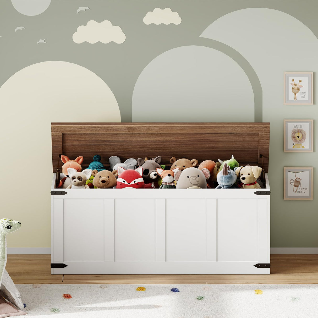 HOOBRO Storage Bench, 47.2”Toy Box Organizer with Safety Hinges, Farmhouse Wooden Storage Chest, for Hallway, Bedroom, Living Room, White and Walnut WH520CW01 HOOBRO