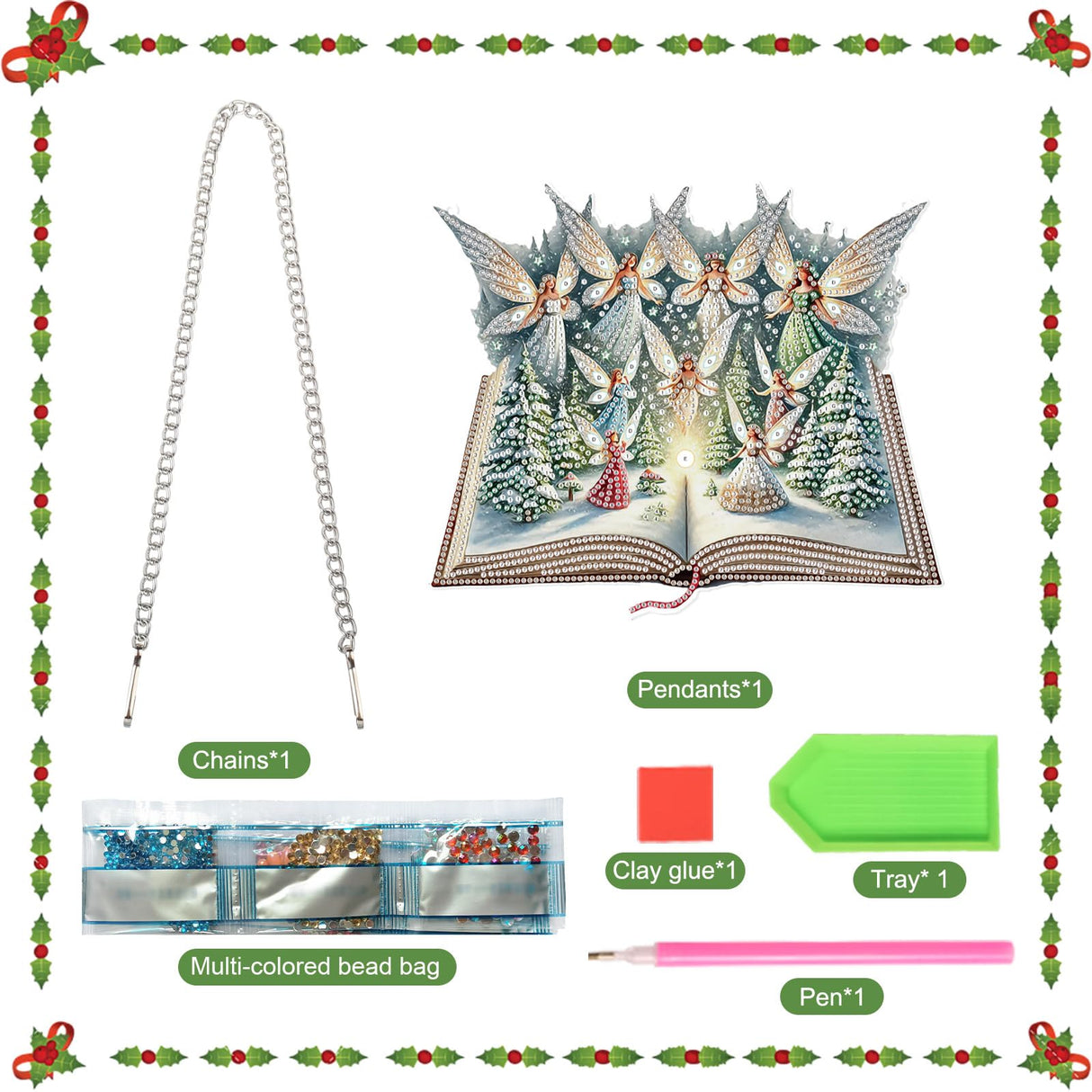 5D Christmas Diamond Painting Pendant Kit, Magic Book with Flying Elf and Snowy Forest, DIY Crystal Diamond Art Hanging Sign for Window, Door & Wall, Fantasy Home Decoration Gift, 24.1 x 20.4 cm AiYuanzsh