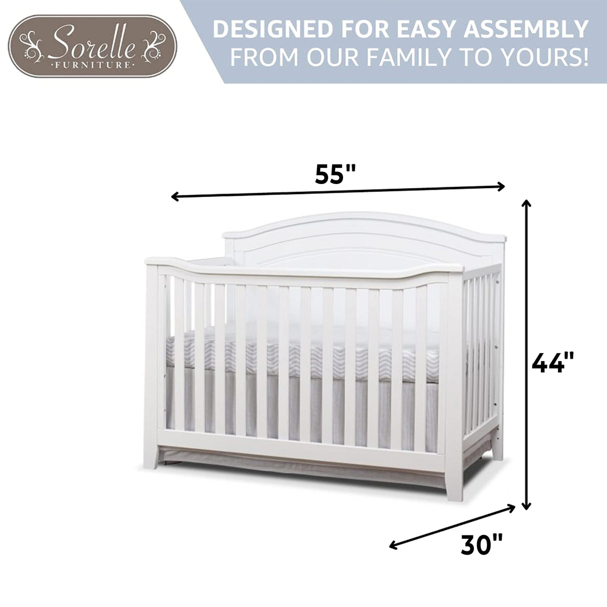 Sorelle Furniture Berkley Round Top Crib, Classic 4-in-1 Convertible Crib, Made of Wood, Non-Toxic Finish, Wooden Baby Bed, Toddler Bed, Child’s Daybed and Full-Size Bed, Nursery Furniture-White SORELLE FURNITURE