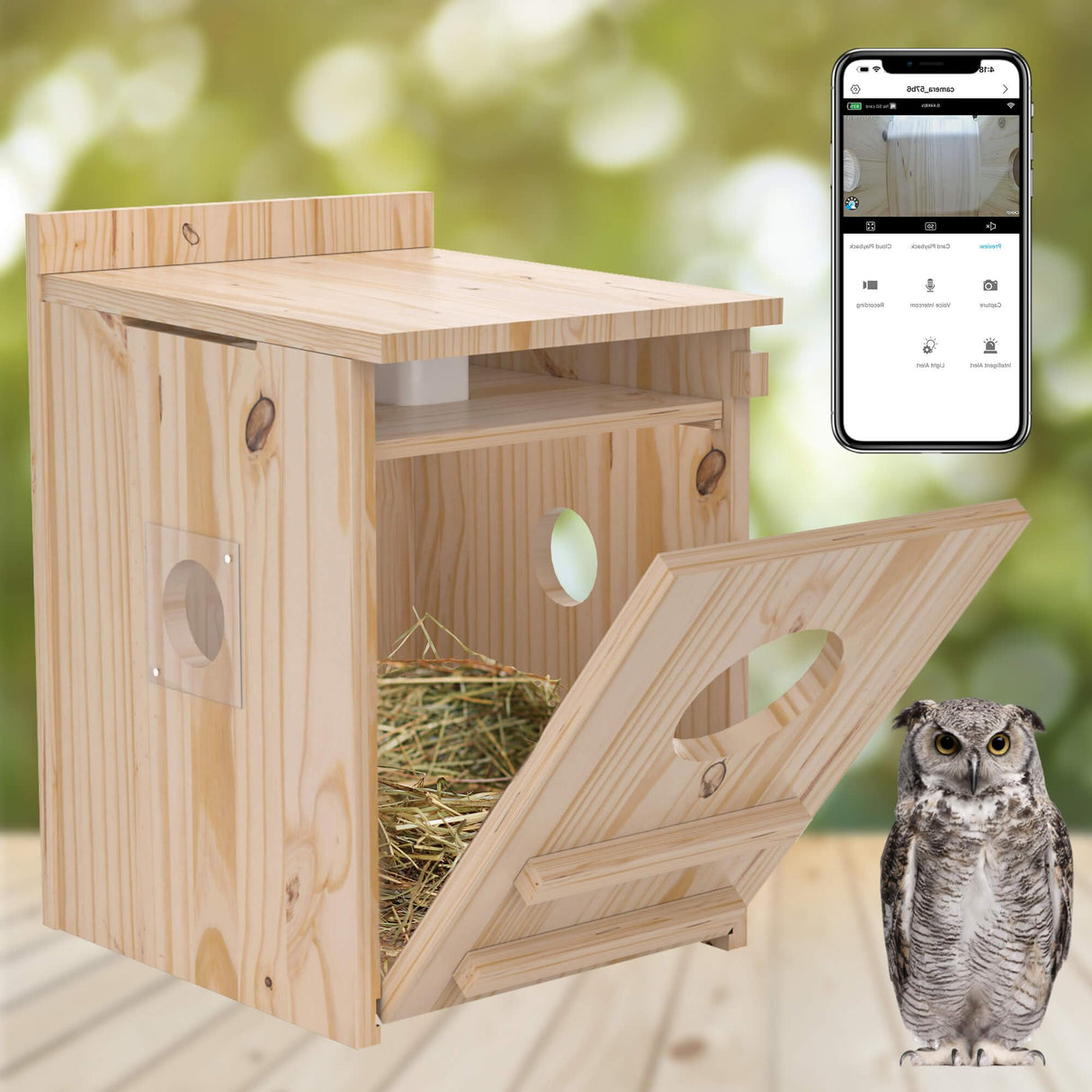 Solar-Powered Smart Owl House with Camera - Outdoor Hanging Wooden Nesting Box, Real-Time View & Motion Detection, for Garden for 2.4g WiFi Coverage Area, for Owl Lovers WISDOMRAINBOW