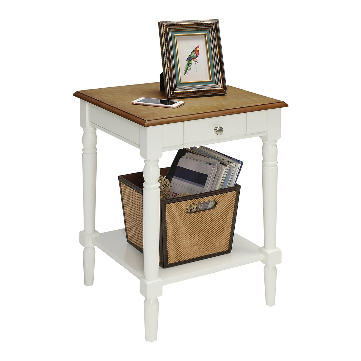 Convenience Concepts French Country End Table 18" -Traditional Farmhouse Side Table with Storage Drawer and Shelf, Living Room, Driftwood/White Convenience Concepts