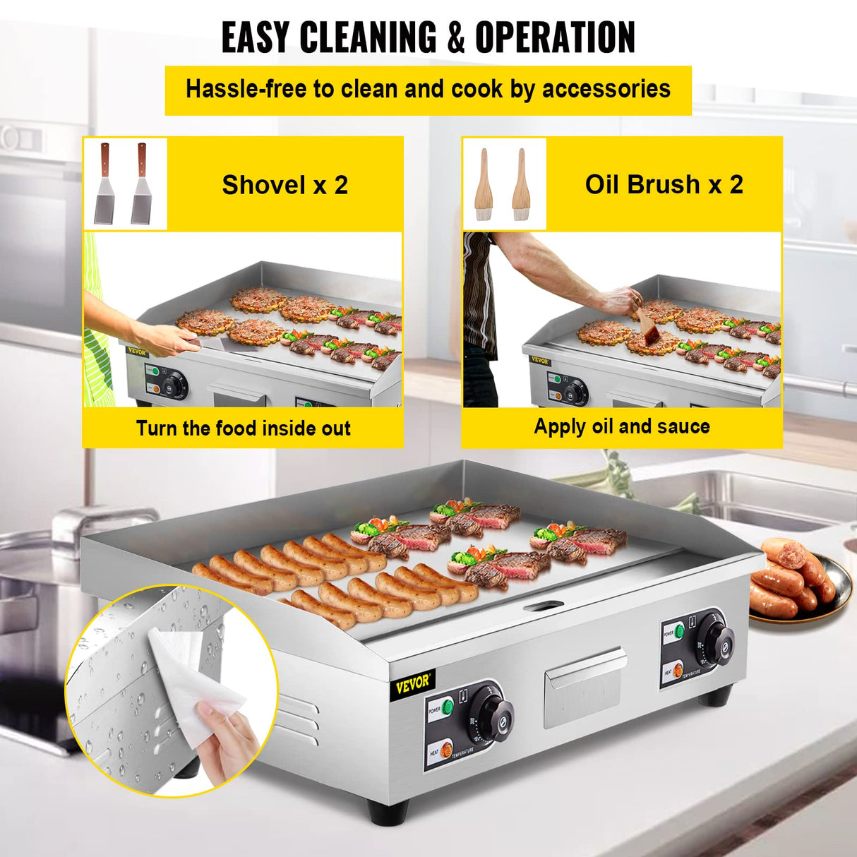 VEVOR 30" Commercial Electric Griddle 3000W Electric Countertop Griddle Non-Stick Restaurant 110V Teppanyaki Flat Top Grill Stainless Steel Adjustable Temperature Control 122°F-572°F (NO PLUG) VEVOR