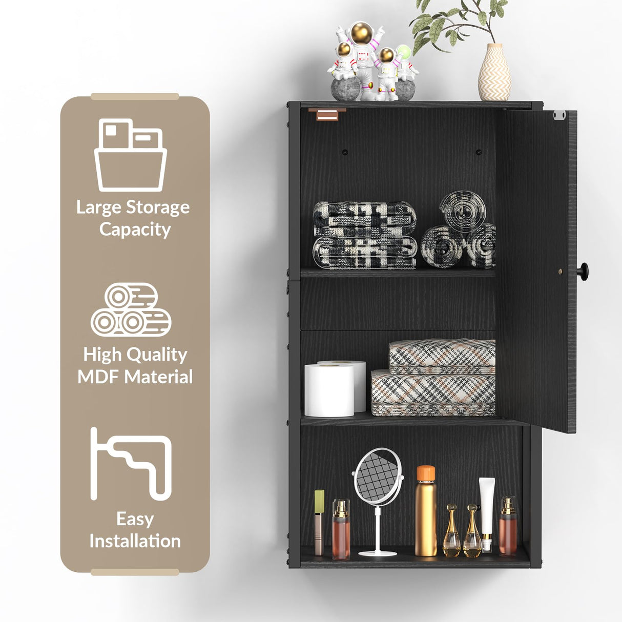 NOVIMANGO Small Bathroom Wall Cabinet, Bathroom Storage Cabinet Wall Mounted, Black Modern Medicine Cabinet, 3-Tier Wall Mounted Storage Cabinet Over The Toilet for Small Spaces, Living Room NOVIMANGO