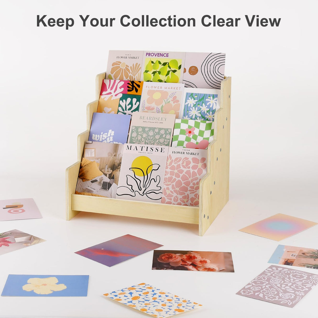 Exood Greeting Card Organizer Display Stand ,Multi-Purpose sticker display stand for vendors , Counter Retail Display Rack , 4-Tiered Wooden Display stand for postcard /Brochure/Photos/Picture Exood