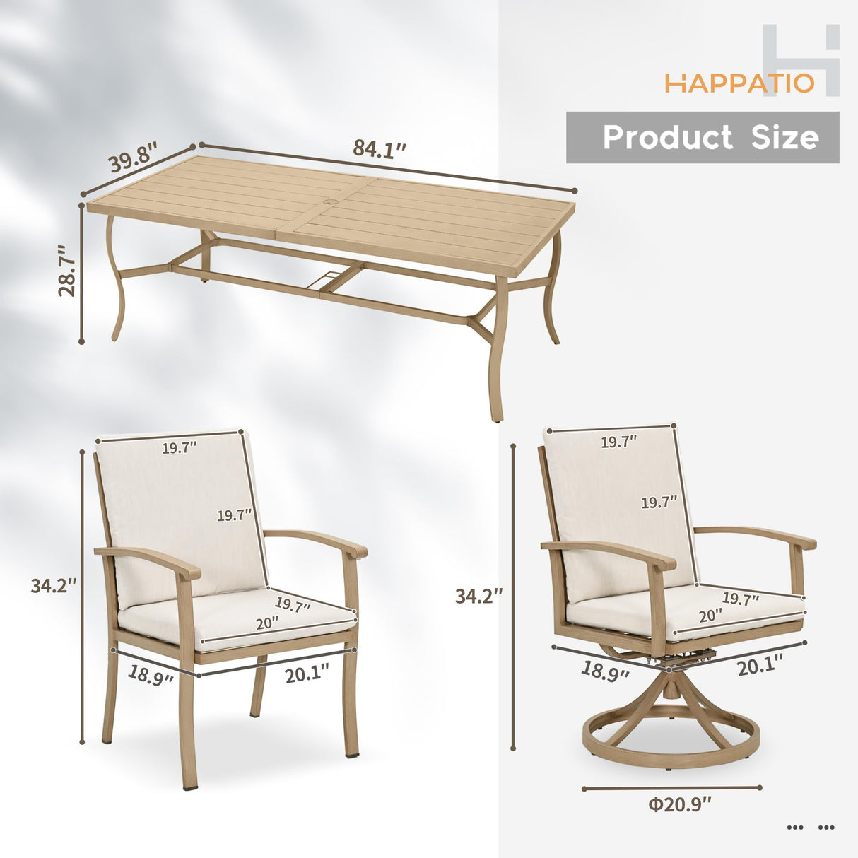 HAPPATIO Aluminum 9 Piece Patio Dining Sets, Outdoor Dining Set for 8, Patio Furniture Sets, 2 Swivel Dining Chairs, 6 Dining Chairs, Aluminum Furniture Set for Patio, Yard (Beige) HAPPATIO