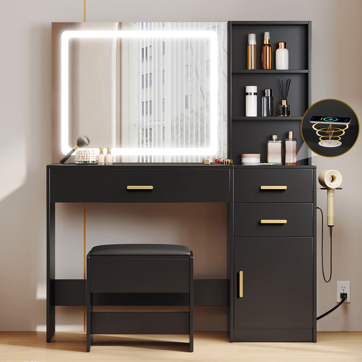YITAHOME Vanity Desk Set, with Wireless Charging Station &Power Outlet, Vanity Mirror with Tempered Glass Top & Large Storage Spaces Vanity Table Set, Black YITAHOME