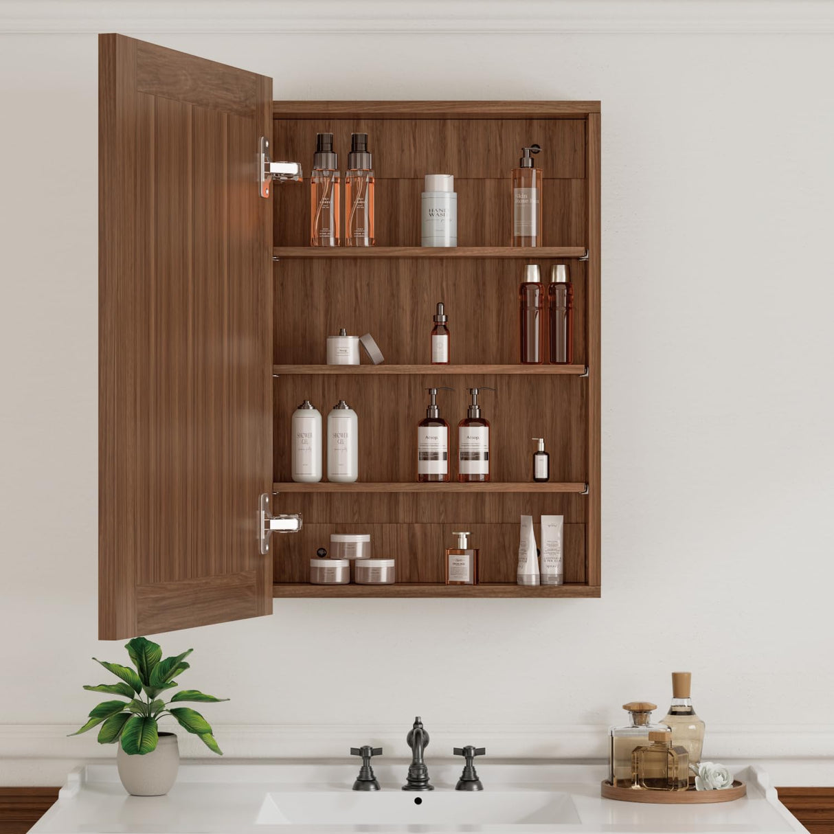 24 x 30 Inch Walnut Grain Medicine Cabinet with Mirror, Recessed or Wall-Mounted Wood Storage Cabinet for Bathroom, Adjustable Shelves, Soft-Close Hinges, Rectangle Buruis