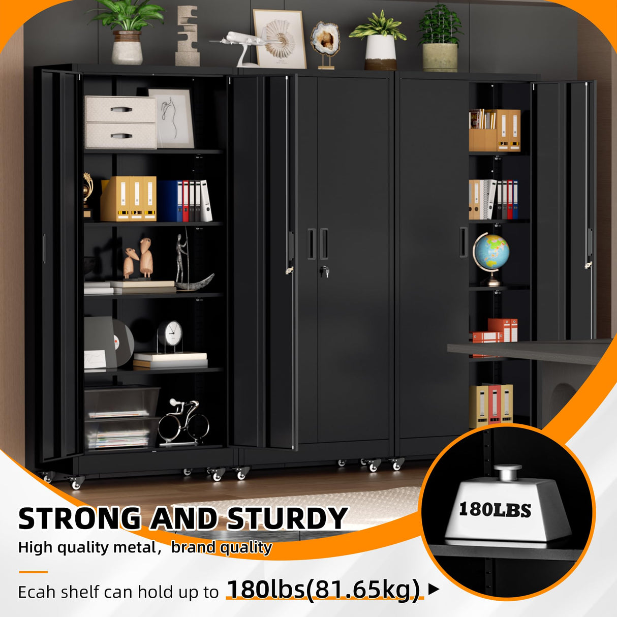 Bonusall 73" H Metal Storage Lockers with Wheels,Rolling Garage Cabinet with Locking Doors and 4 Adjustable Shelves,Metal Locker Organizer Cabinet for Garage,Office,Kitchen,Basement(Black) Bonusall