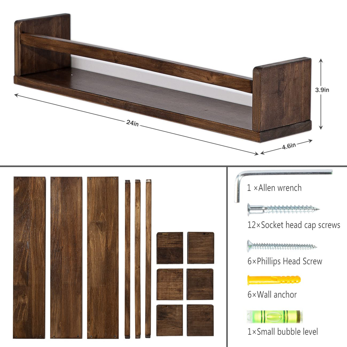 AZSKY Nursery Book Shelves 24 in Set of 3 Walnut Floating Bookshelf for Kids Room Wall Mounted Floating Shelves Solid Nursery Bookshelf Perfect Decor for Kitchen Bedroom Living Room AZSKY