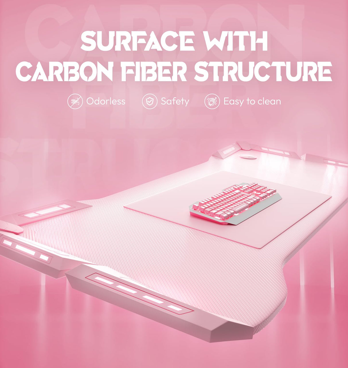 Dowinx Gaming Desk with LED Lights, RGB Gaming Computer Table with Carbon Fibre Surface, LED Home Office Desk with Remote Control, Pc Workstation with Cup Holder and Headphone Hook, 47 Inch, Pink Dowinx