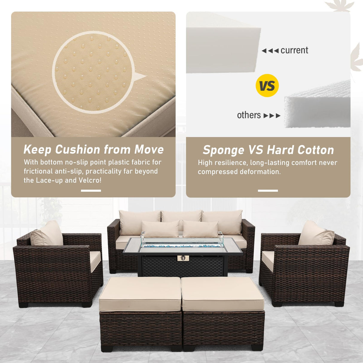 Oasishine 6 Pieces Outdoor Furniture 60000BTU Outdoor Propane Fire Pit Wicker Patio Furniture Set 45" Steel Fire Table Anti-Slip Cushions Waterproof Covers, Khaki Oasishine