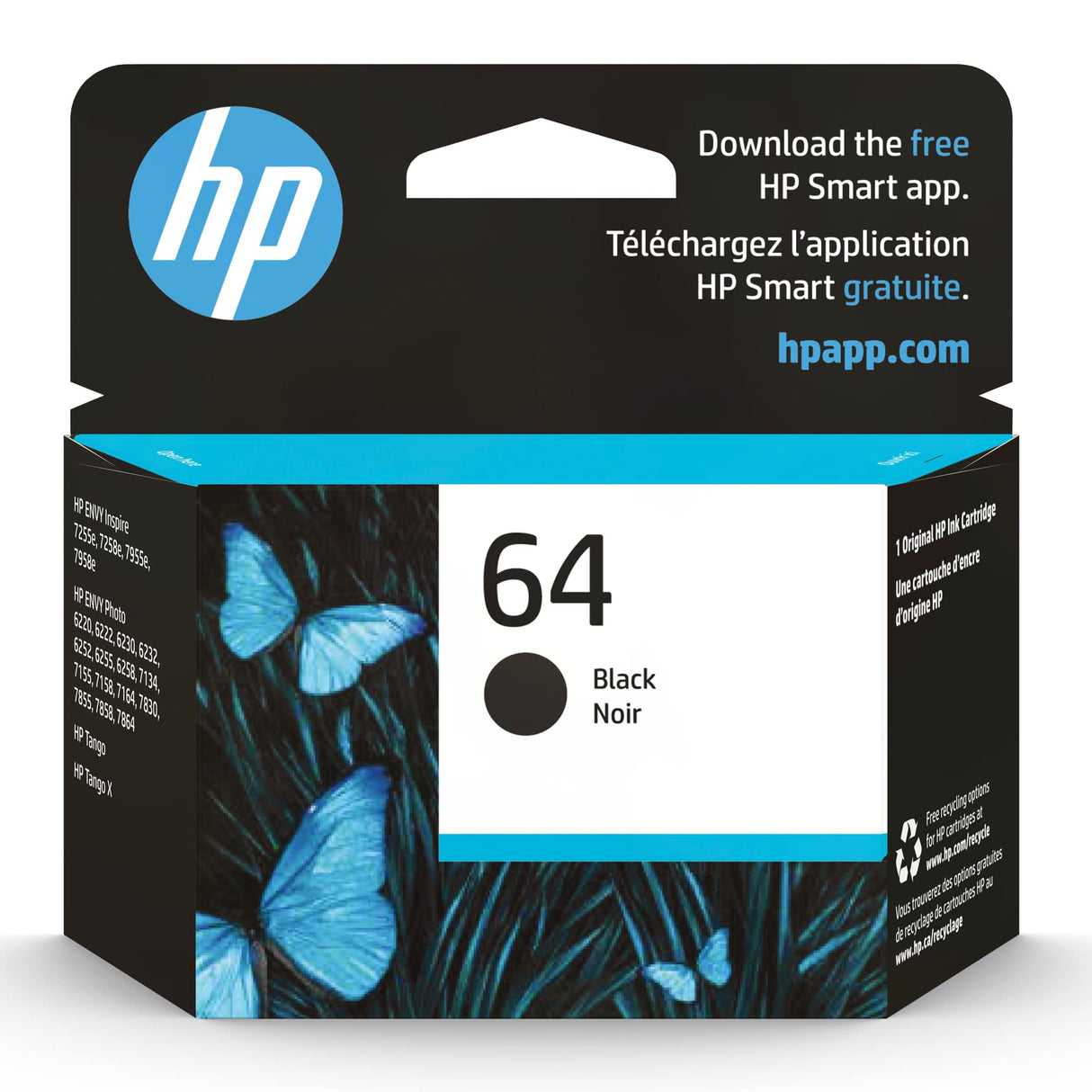 HP 64 Black Ink Cartridge | Works with HP ENVY Inspire 7950e; ENVY Photo 6200, 7100, 7800; Tango Series | Eligible for Instant Ink | N9J90AN HP