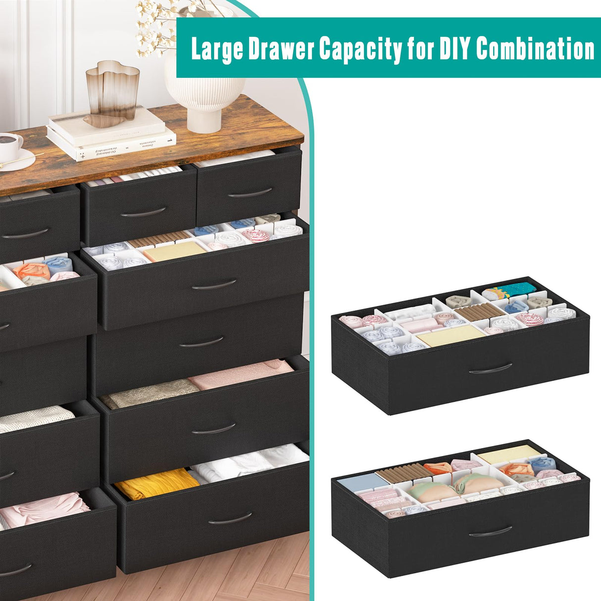 VASICAR Dresser for Bedroom with 12 Drawers, Tall Fabric Drawer Dresser, Compact Chest of Drawers for Closet, Nursery, Bedside, Living Room, Laundry, Entryway, Hallway VASICAR