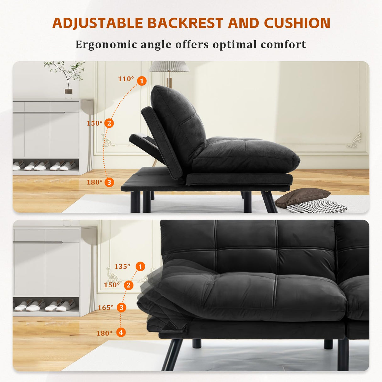 SoarTalent 67” Velvet Futon Sofa Bed Convertible Small Upholstered Couch 2-Seat Loveseat Sleeper with Adjustable Backrest and Armrest for Small Space Apartment,Gaming Room,Office(Black) SoarTalent