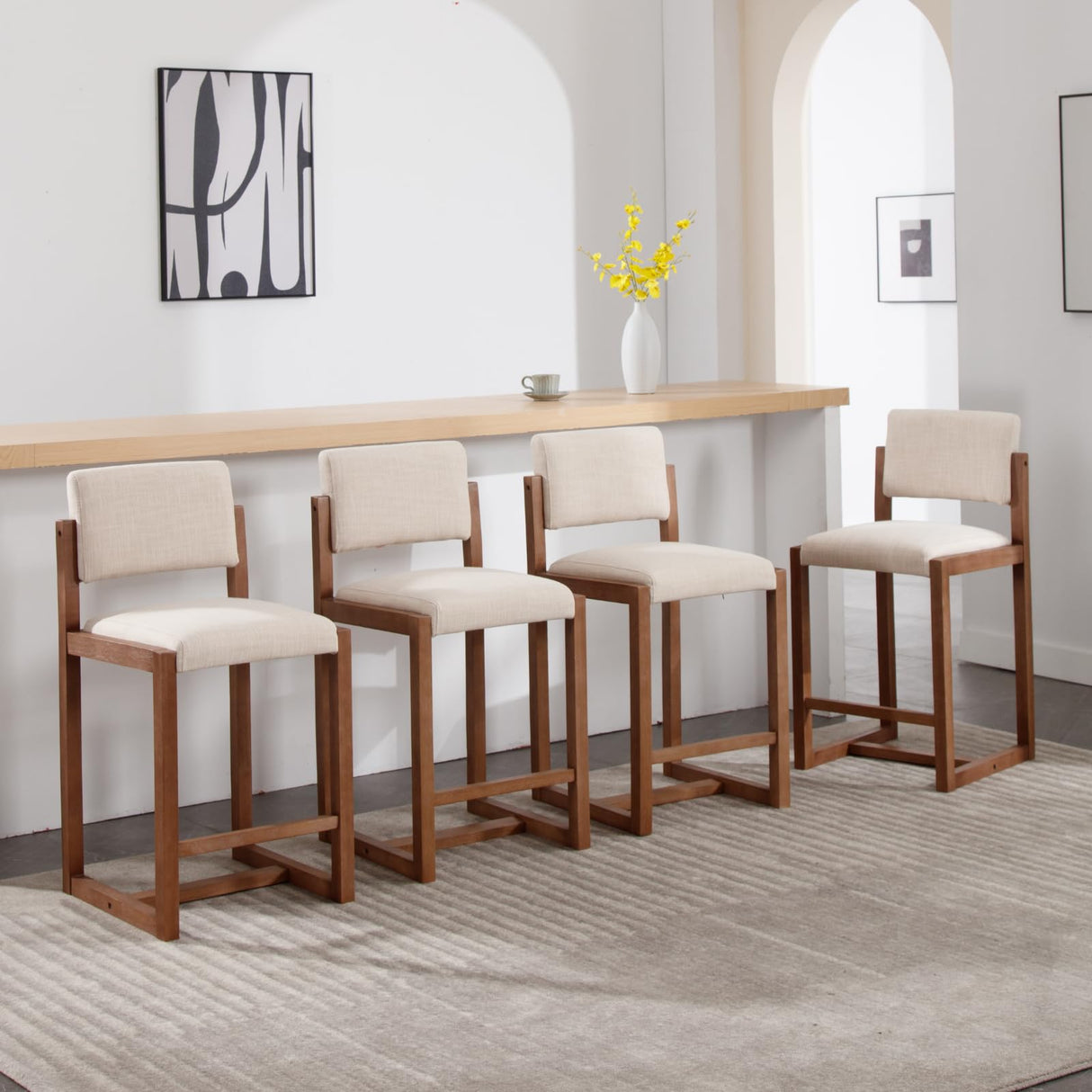LukeAlon Linen Counter Stools Set of 4, Farmhouse Upholstered 26" Seat Height Counter Height Bar Stools with Wood Legs Open Back for Home Pub Kitchen, Beige LukeAlon