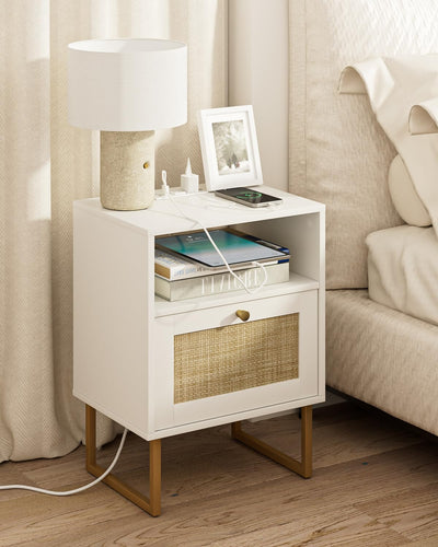 Masupu Rattan Nightstand with Charging Station,Modern Boho Farmhouse Wood Bedside Table with Storage Drawer and Open Shelf,Small Gold Frame Side End Table for Bedroom,Living Room,Office White