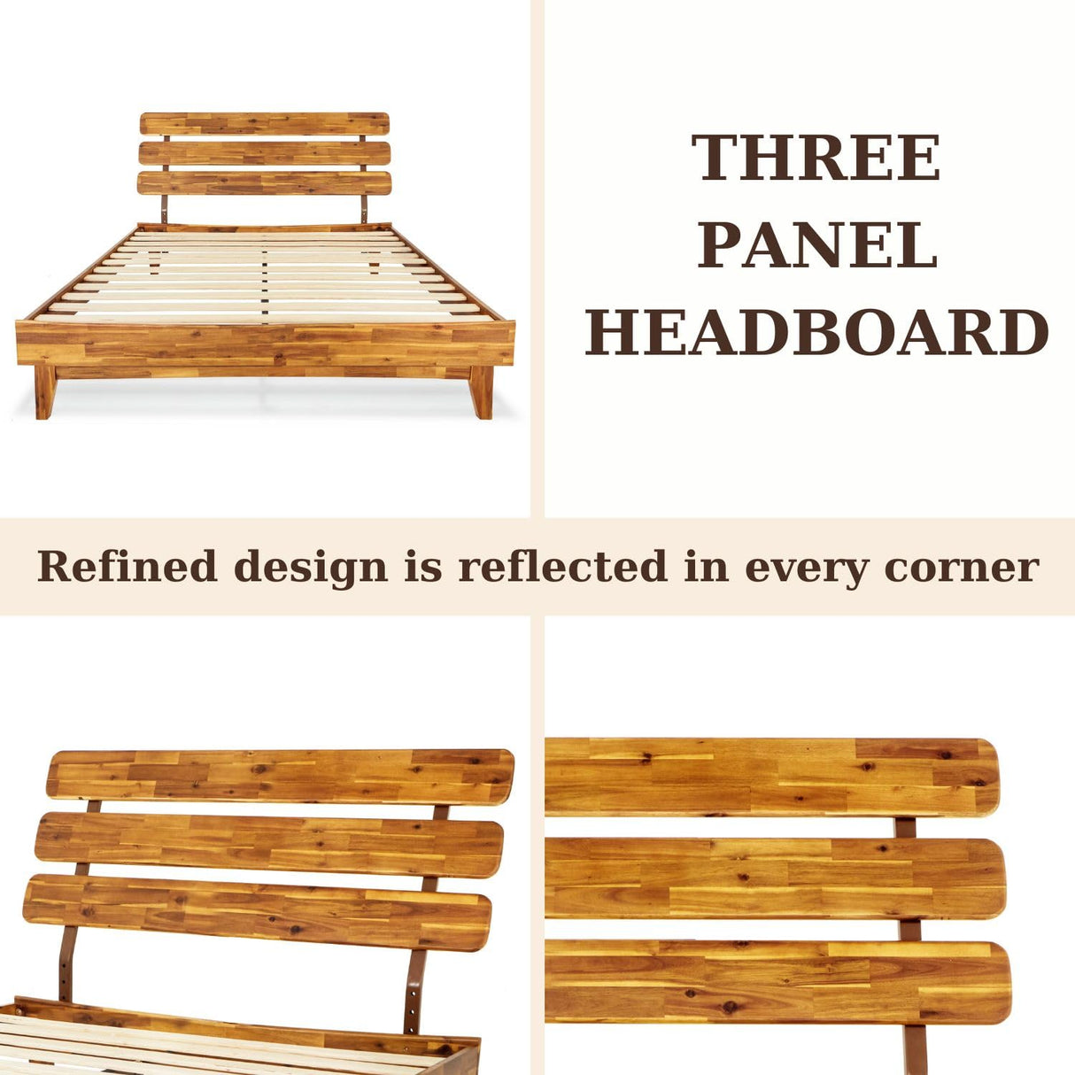 Bme Caden 15-Inch Adjustable Headboard Queen Bed Frame - Mid-Century Retro Acacia Wood, No Box Spring Needed Bme