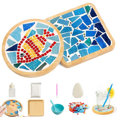 EasyTime Mosaic Coaster DIY Kit for Adults & Kids – 2 Complete Craft Sets with Colorful Tiles, Templates, Safe Glue & Tools – Handmade Bamboo Coasters for Home Décor, Gift & Family Fun