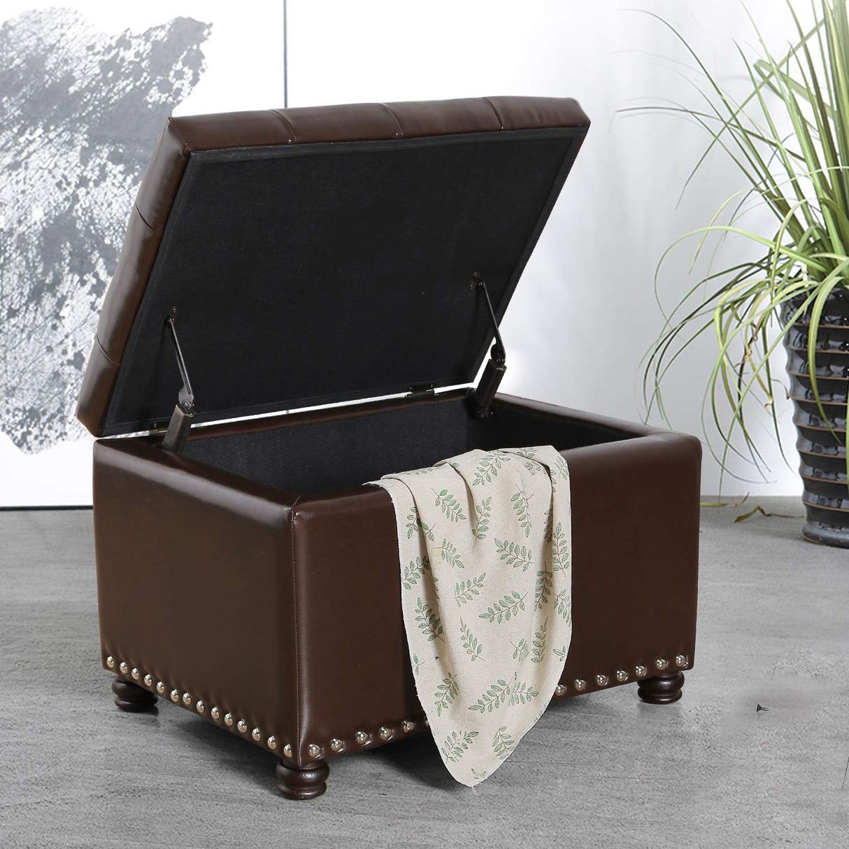 Joveco Leather Storage Ottoman Bench Rectangle 24 Inch Foot Rest Ottomans Stool for Living Room Bedroom(Brown) Joveco