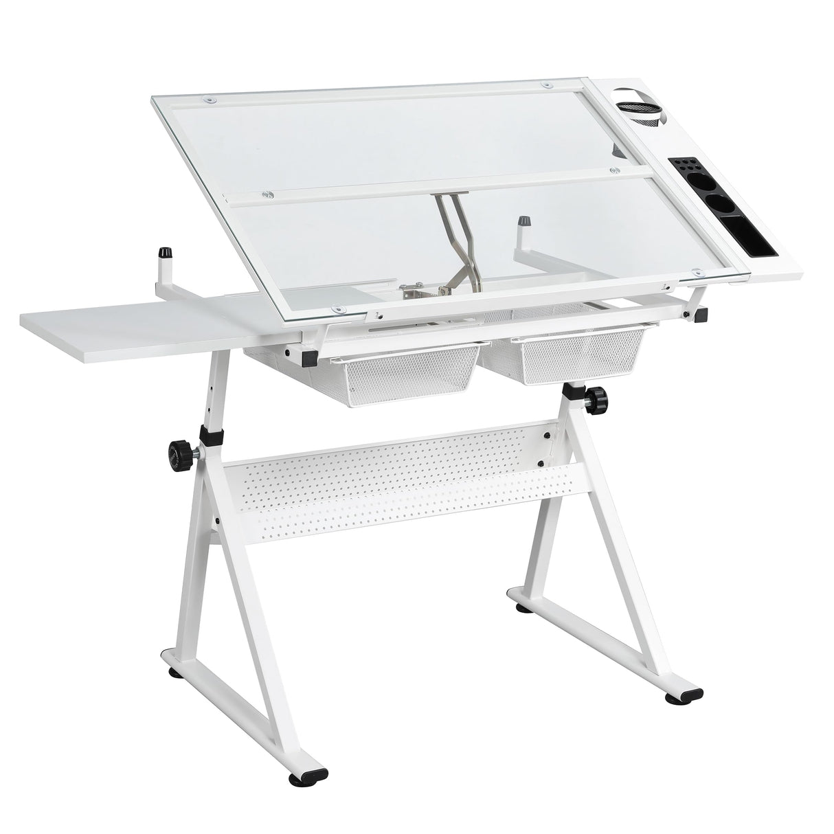 LiviNest Height Adjustable Drafting Table - Modern Tempered Glasses Artist Drawing Table Tilted Tabletop with Chair - Glass Topped Art Desk Work Station with Stool for Home Office White LiviNest