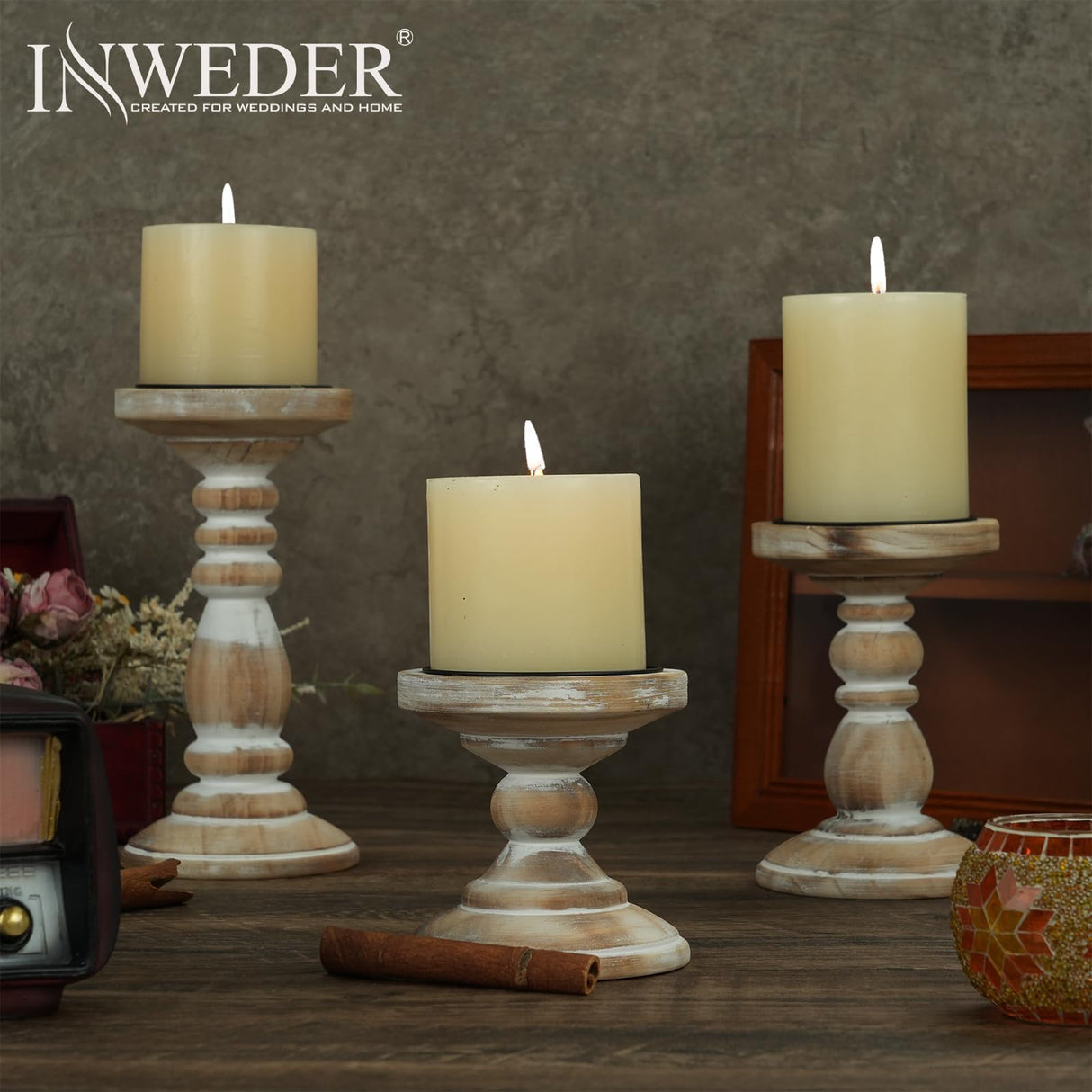 Inweder Wood Pillar Candle Holder: 3Pcs Rustic White Candle Holders for Pillar Candles Wood Candle Holders Distressed Wooden Farmhouse Candle Holder Large Rustic Candle Holder for Fireplace Table Inweder