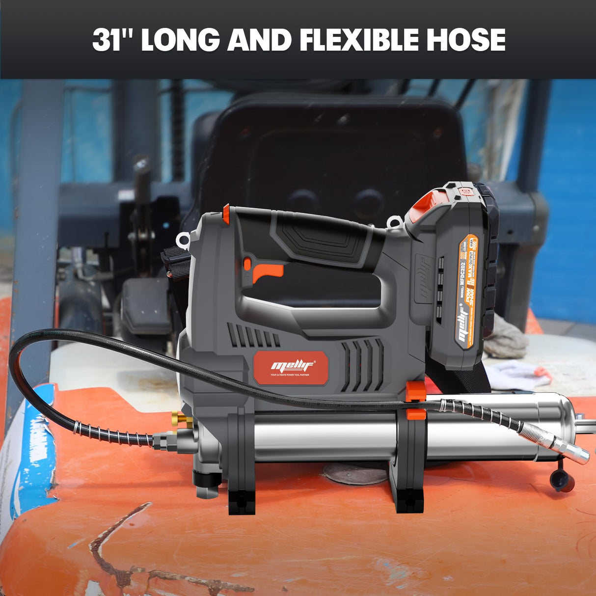 Mellif Cordless Power Grease Gun Compatible with DeWalt 20V MAX Battery, 10,000 PSI, Brushless Motor, 14 oz Capacity, 30" Hose, Built-in LED, Safety Lock, Includes 2.0Ah Battery & Fast Charger Mellif