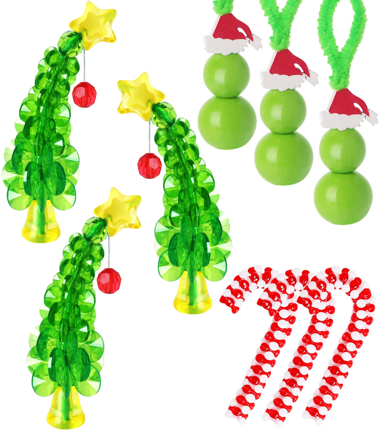 GYGOT Christmas Crafts for Kids Adults,30 Sets Christmas Beaded Ornament Kit for Kids to Make-Including 12 PCS Green Monster/6 PCS Tree/12 PCS Candy Cane,Christmas Tree Decorations (Assembly Needed) GYGOT