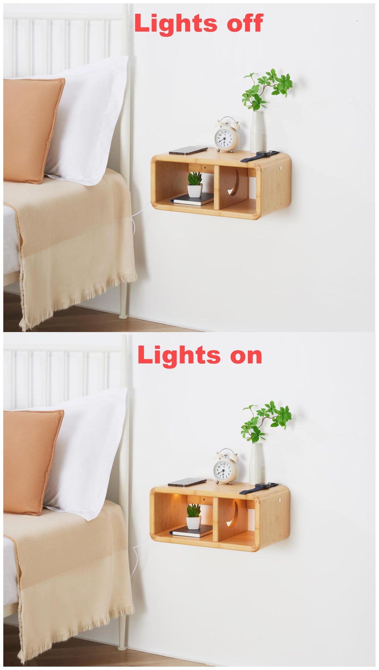 NAVREX LED Floating Nightstand, Farmhouse Night Stands, 100% Solid Wood Night Stands with Magnetic Storage, Modern Bed Side Table for Bedroom NAVREX