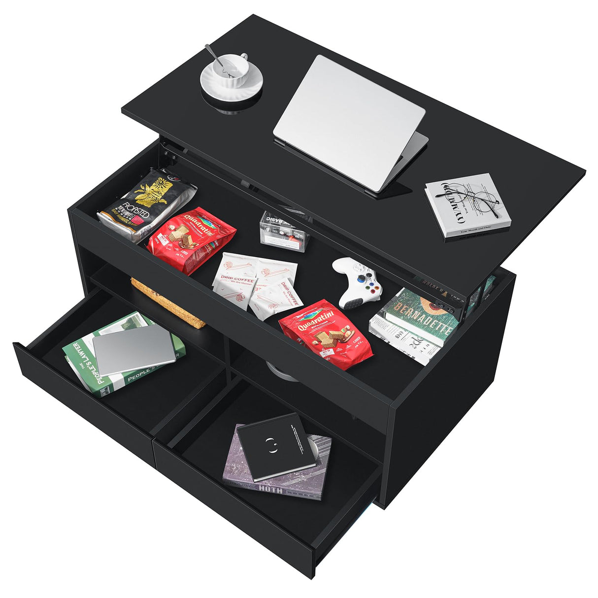HOMMPA Lift Top Coffee Table with LED Light Morden Coffee Table with Storage Black Coffee Table for Living Room High Gloss Tea Table LED Center Tables Hidden Compartment & 2 Open Shelve & 2 Drawers HOMMPA