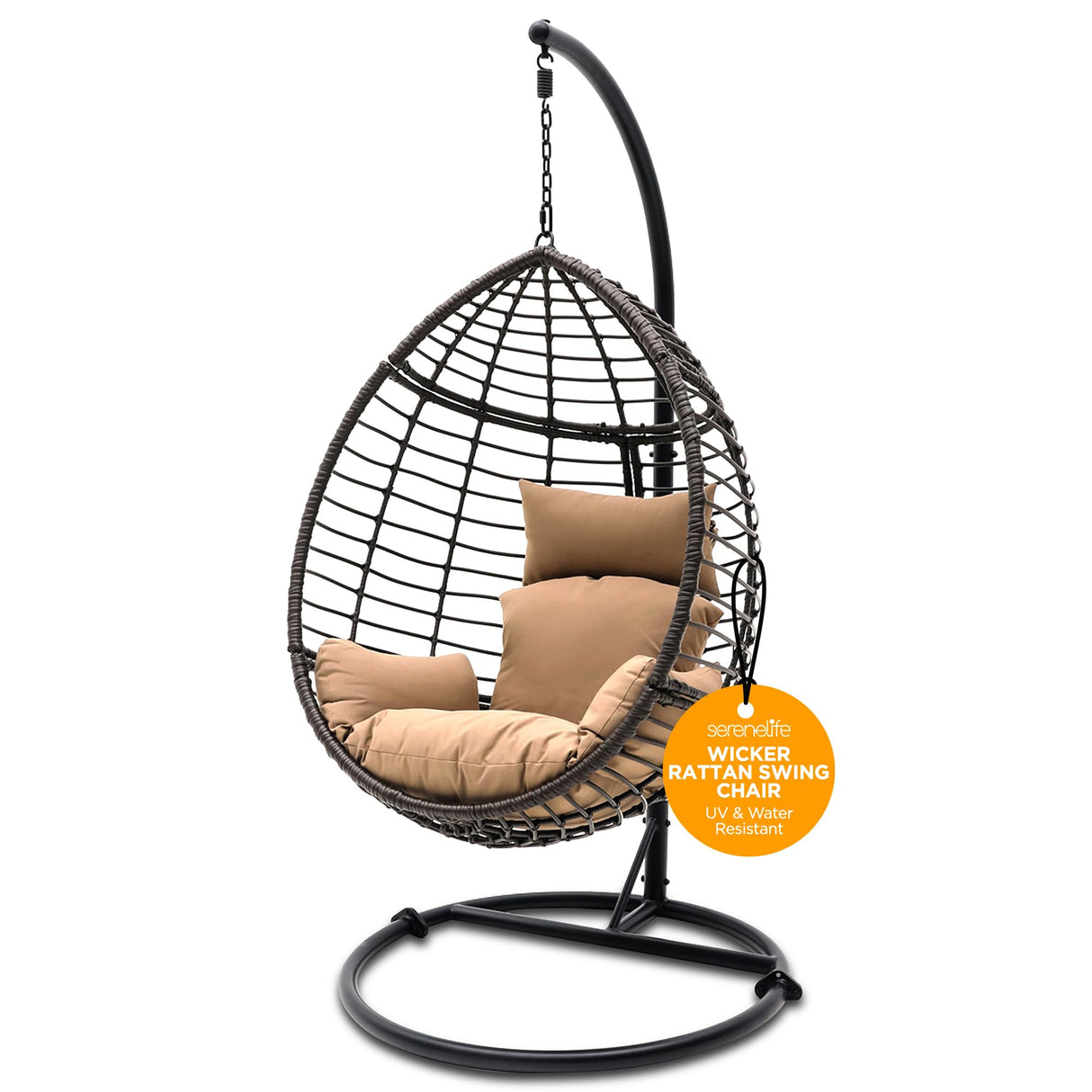 Hanging Egg Chair with Stand - Indoor Outdoor Patio Wicker Rattan Lounge Chair with Stand, Steel Frame, Washable Cushions for Garden Backyard Deck Sunroom - SereneLife SLGZ0EGBR.3 (Brown) SereneLife