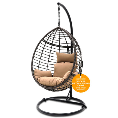 Hanging Egg Chair with Stand - Indoor Outdoor Patio Wicker Rattan Lounge Chair with Stand, Steel Frame, Washable Cushions for Garden Backyard Deck Sunroom - SereneLife SLGZ0EGBR.3 (Brown)