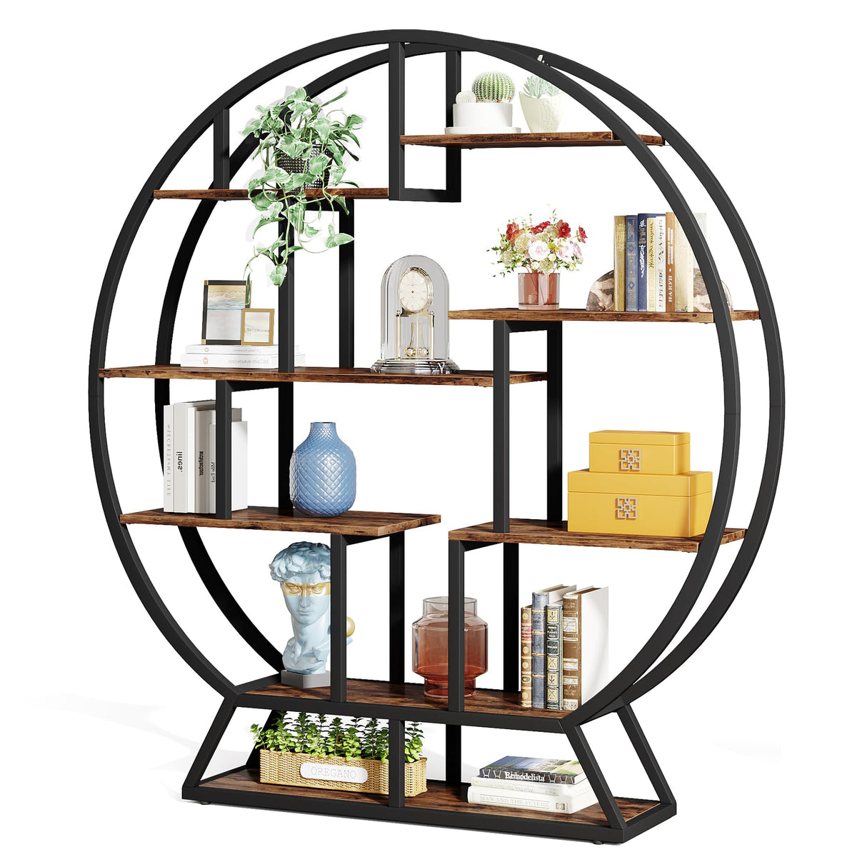 Tribesigns 63 Inch Rustic Brown Industrial Round Etagere Bookshelf with Staggered Shelves Tribesigns