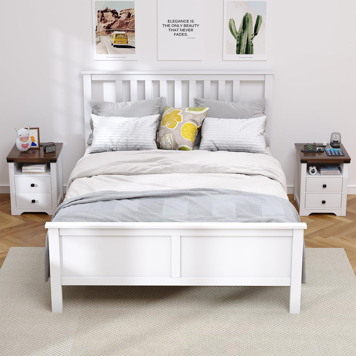 Airynee Nightstand with Charging Station, Farmhouse Nightstand with LED Lights, Modern Rustic Side Table with 2 Storage Drawers, Wooden End Table for Bedroom, Antique White Airynee