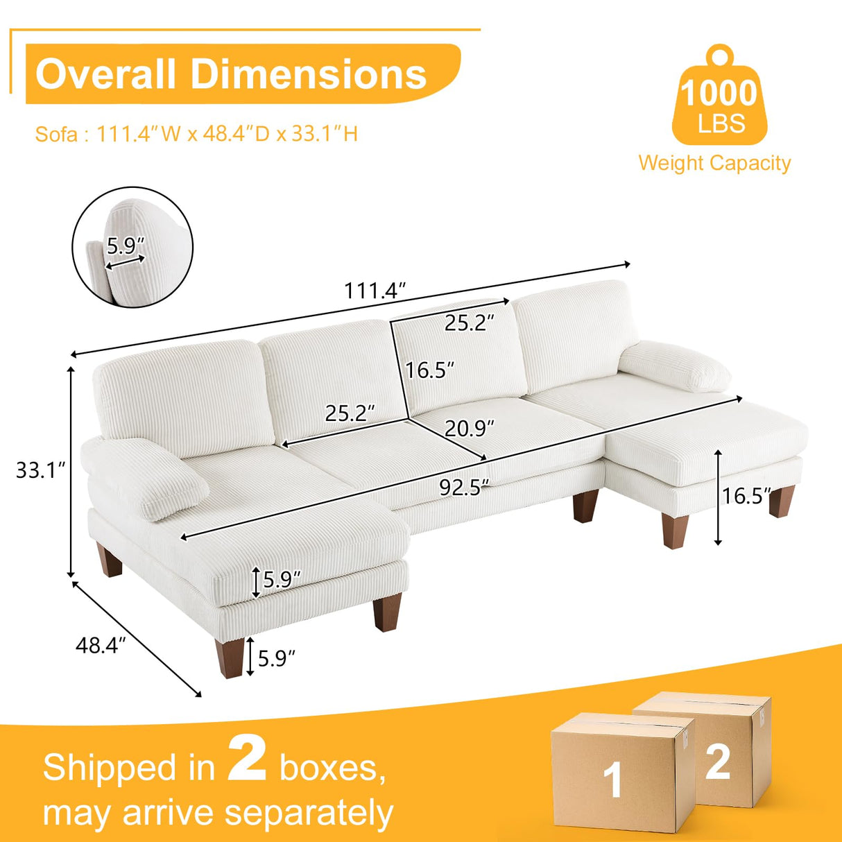 Karl home U-Shape Sectional Sofa Couch 111" Modern 4-Seat Sofa with Chaises Corduroy Fabric Upholstered Covertible Couch with Wood Grain Legs for Living Room, Reception Room, Apartment, Beige Karl home