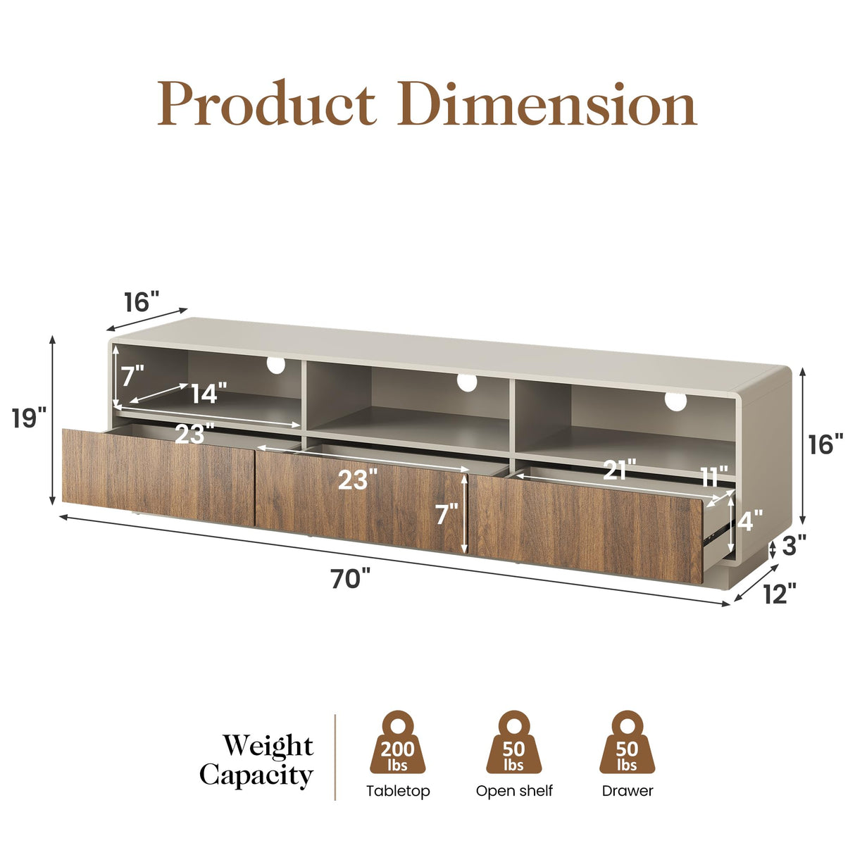 Royalcraft 70" Large TV Stand with Storage and Led Lights, Console Table with 3 Drawers, TV Entertainment Center for up to 75" Television, Wood TV Media Cabinet for Living Room Bedroom, Beige & Walnut RoyalCraft