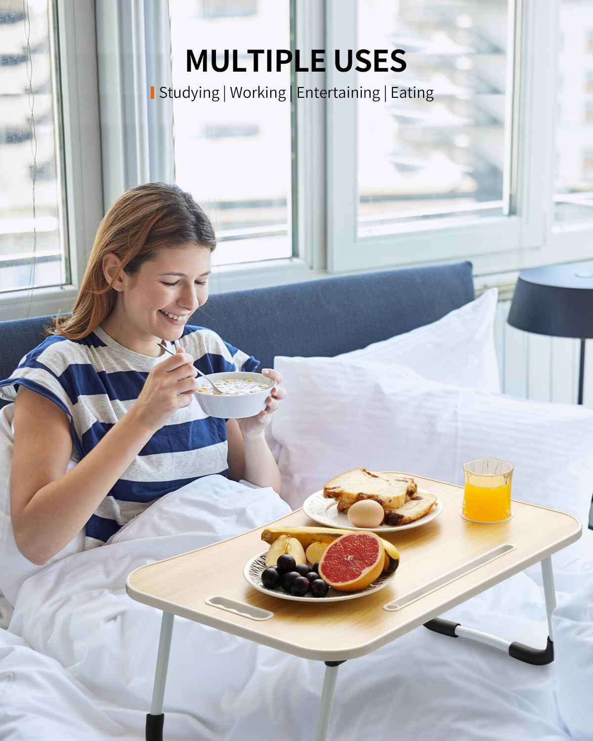 FISYOD Foldable Laptop Table, Portable Lap Desk Bed Table Tray, Laptop Stand with Cup Holder & Tablet Slot & Lifting Handle for Working Writing Drawing & Eating (Wood) FISYOD