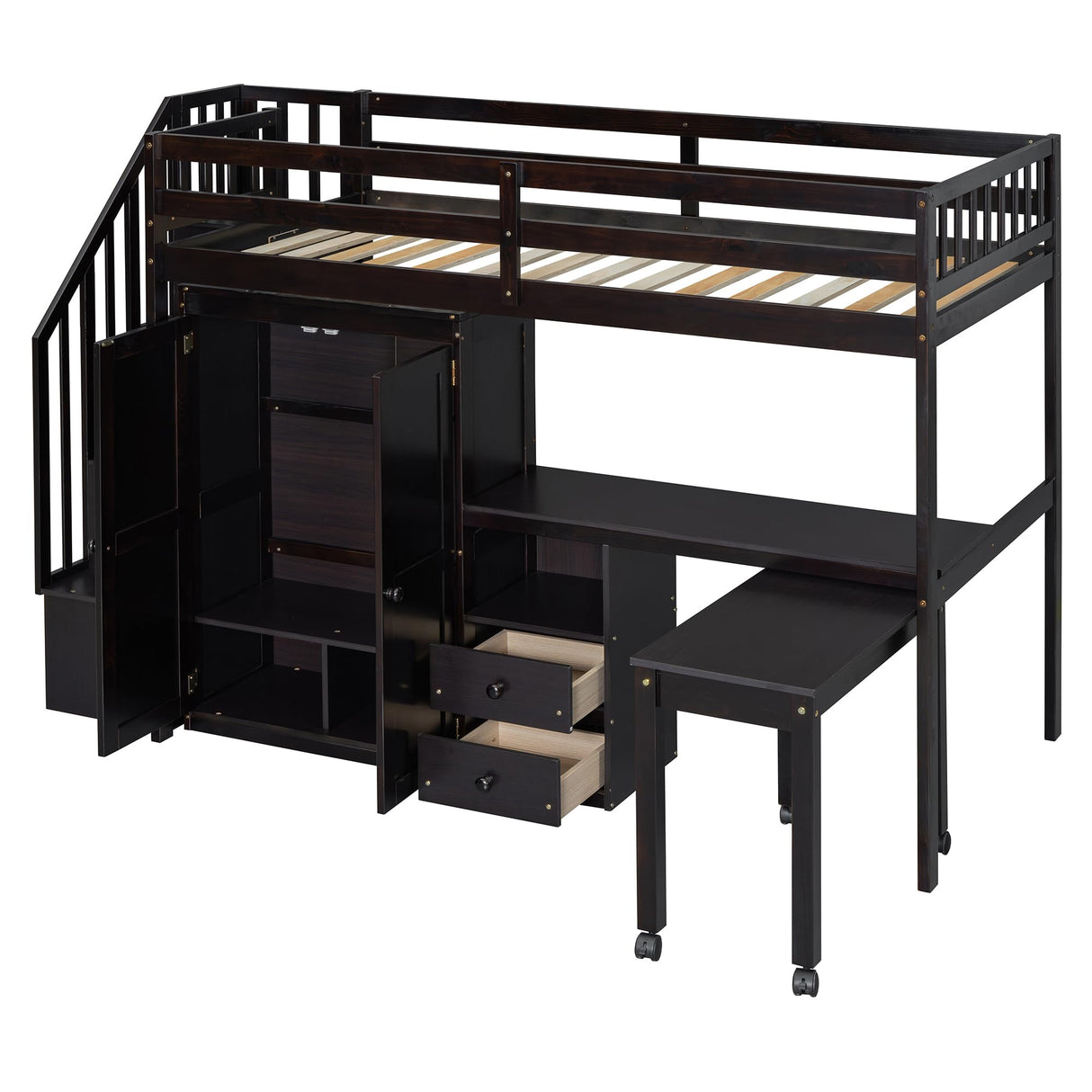 Harper & Bright Designs Twin Size Loft Bed with Stairs and Bookshelf, Wood Twin Storage Bed with Desk & Wardrobe, Space-Saving Multifunctional Furniture for Kids & Teens - Espresso Harper & Bright Designs
