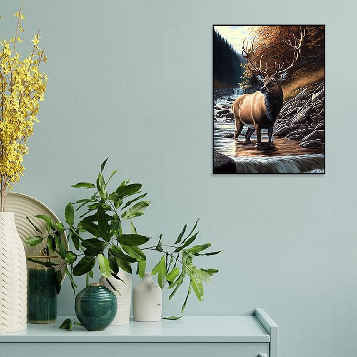 jiaqinglong Creek Elk Diamond Painting Kits, Forest Animal Diamond Painting, Full Round Crystal Gemstone Art Kit for Adults for Wall Decor Entryway Decor Relaxing 12x16 Inch, Colourful jiaqinglong