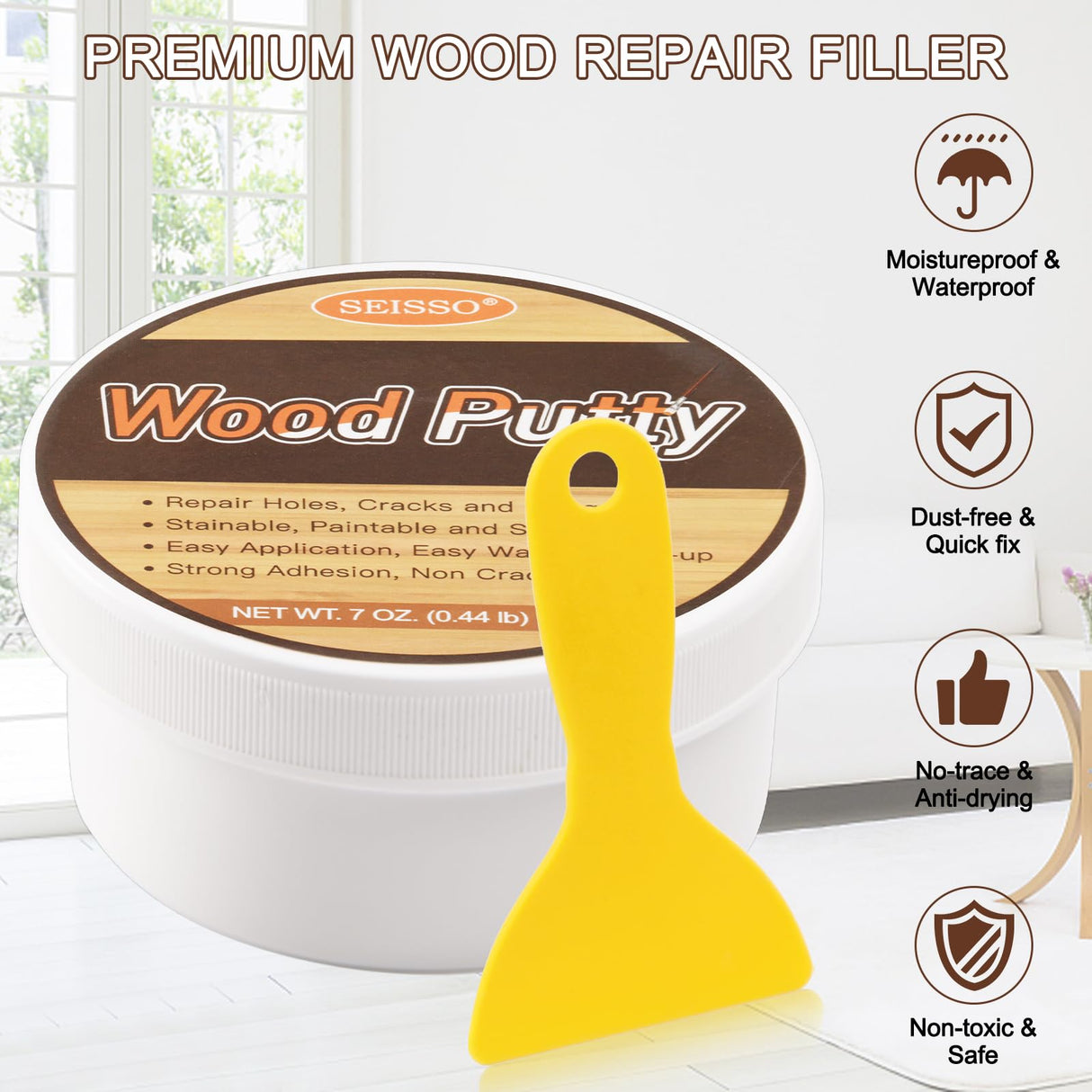 SEISSO Wood Putty, Water-Based Wood Filler, White Wood Putty for Trim, Wood Filler Paintable, Stainable, Wood Furniture Repair kit - Restore Wooden SEISSO