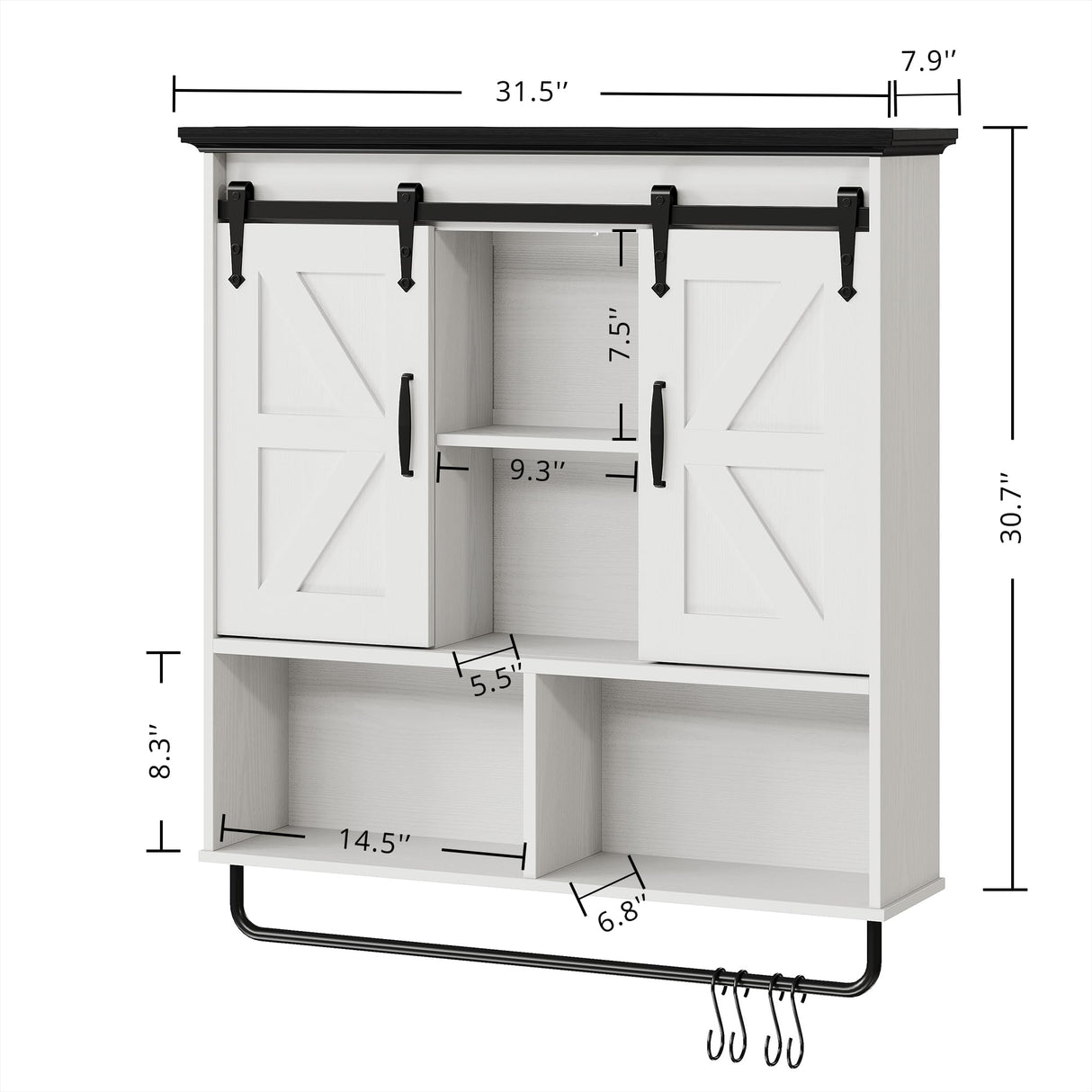 IRONCK Bathroom Wall Cabinet, Farmhouse Medicine Cabinet with Sliding Barn Door and LED Lights, Storage Cabinet Wall Mounted with Adjustable Shelves & Towel Bar for Bathroom, Kitchen, White IRONCK