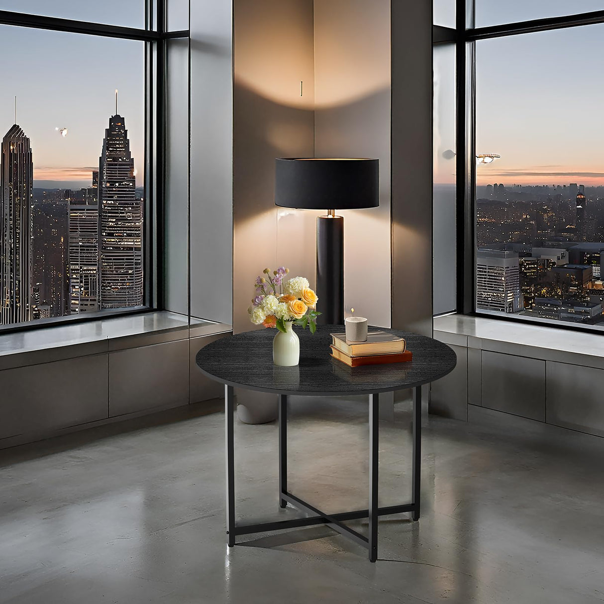 FAMIDGE Coffee Table, 23.6" Coffee Tables for Living Room, Round Coffee Table with Metal Frame, Floor Table for Sitting on The Floor, Home, Office, Black FAMIDGE