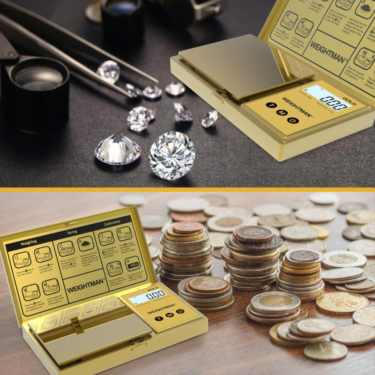 WEIGHTMAN Digital Scale Gram, 200g/0.01g Pocket Scale Gold Titanium Plating, LCD Backlit Display, Mini Jewelry Scale with 6 Units, Auto Off, Tare Function for Food, Coins, Battery Included WEIGHTMAN
