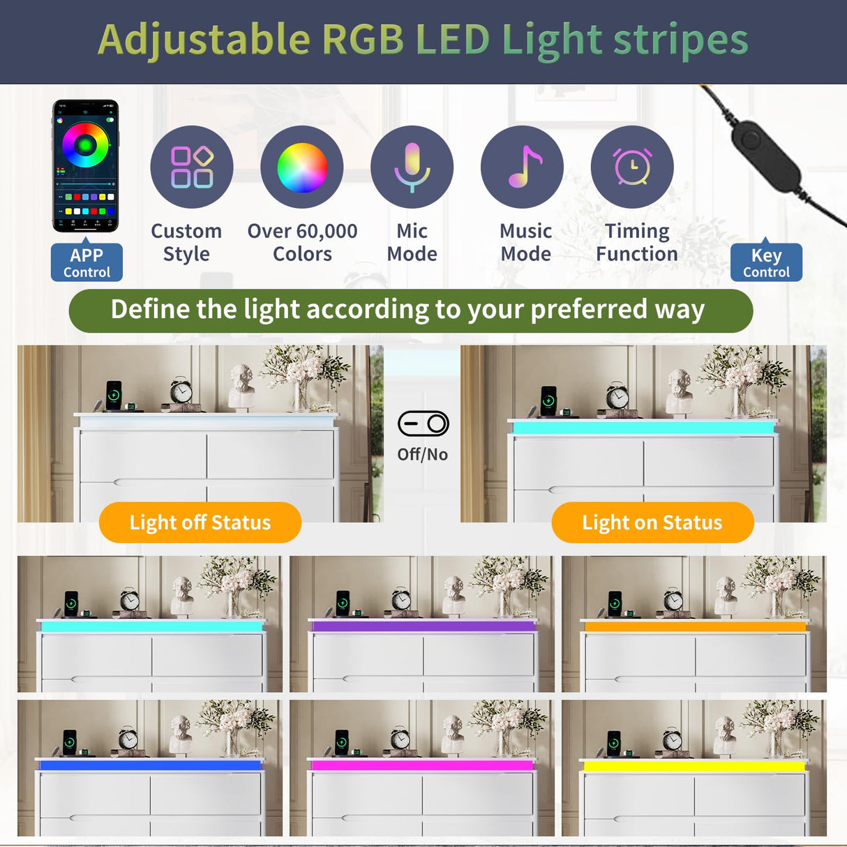 Fameill White Dresser for Bedroom, 6 Drawer Dresser with LED Lights, Modern Dresser Organizer with Charging Station, Double Wide Chest of Drawers for Living Room, Entryway Fameill
