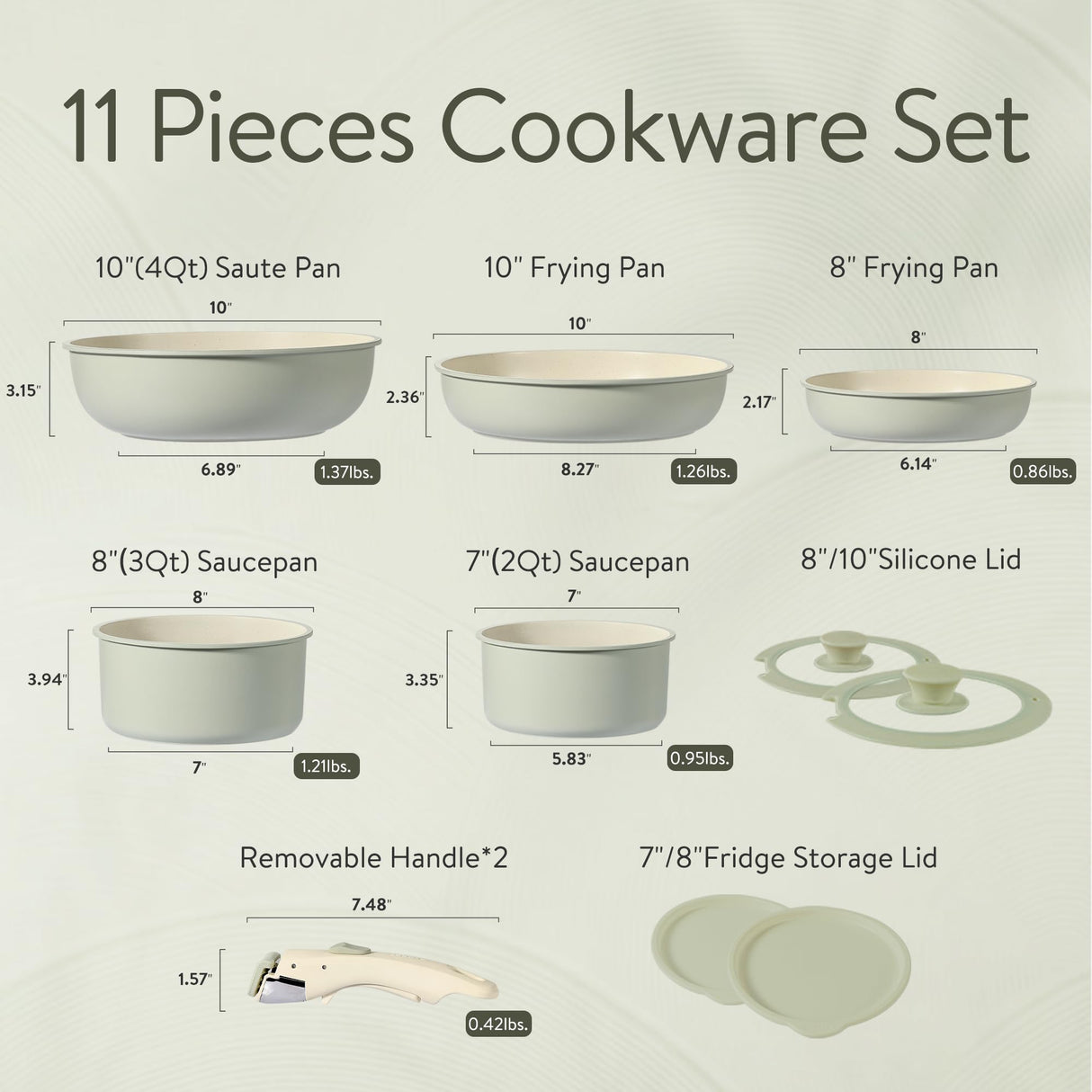 CAROTE Pots and Pans Set, Nonstick Cookware Set Detachable Handle, 11pcs Induction Kitchen Cookware Sets Non Stick with Removable Handle, RV Cookware Set, Oven Safe, Sage Green CAROTE