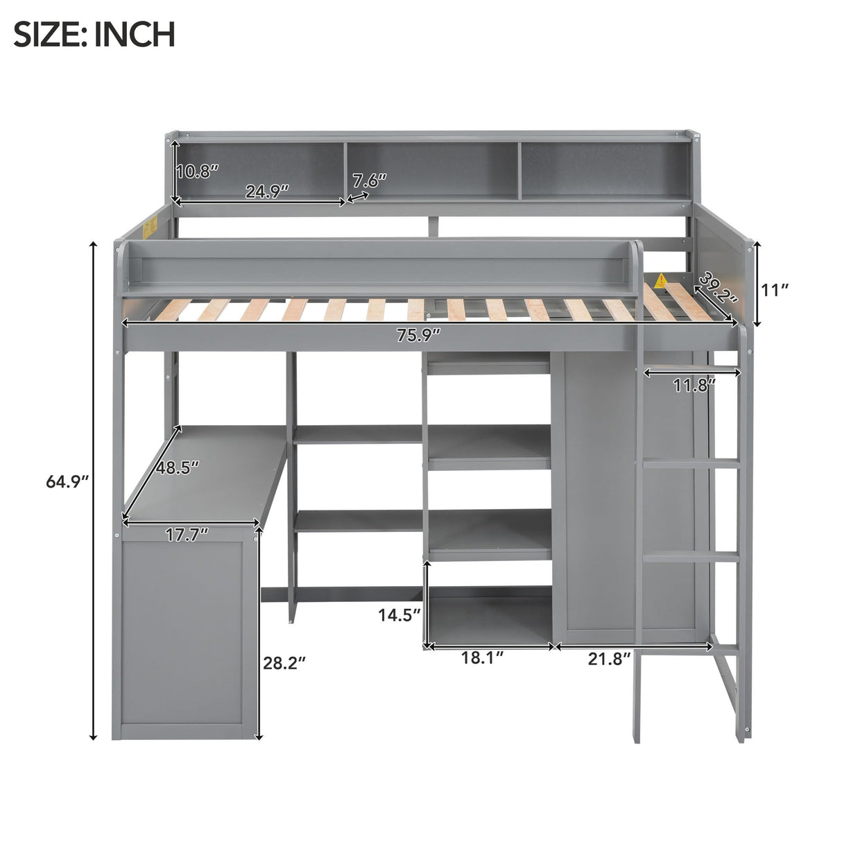 Space-Saving Twin Size Loft Bed with Desk, Wardrobe, and Storage Shelves in Gray Brabrety