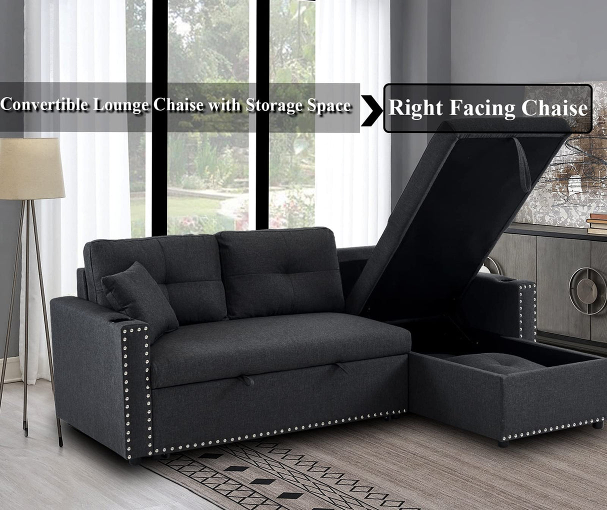 Generic Sleeper Sofa Bed Couch 3 Seater Modular Sectional Sofa Sleeper Pull Out Couch for Livnig Room Modern L Shaped Sleeper Sectional with Storage & Cup Holders, Dark Grey, F4777LIST WoodArtSupply