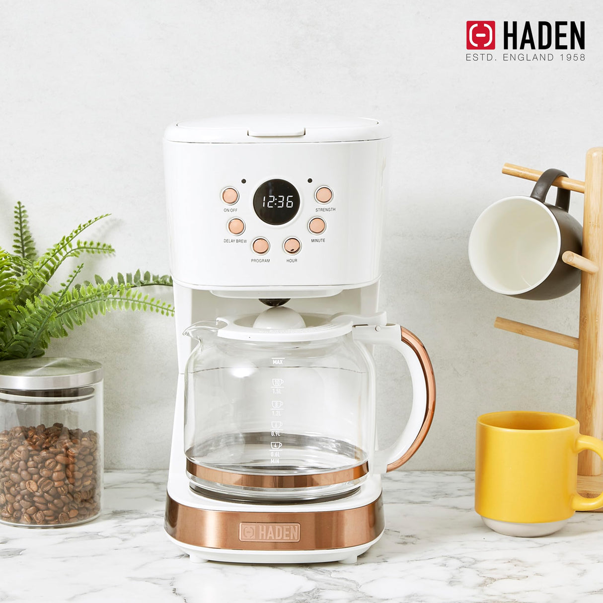 Haden Coffee Machine, 12 Cup Programmable Drip Coffee Maker with Auto Shut-Off Function and Reusable Washable Water Filter, Ivory & Copper HADEN