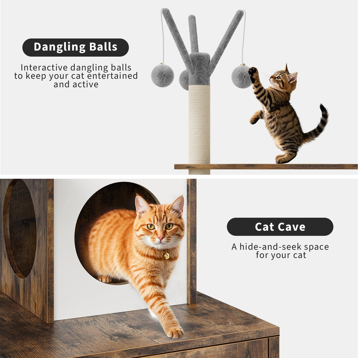 57.5-Inch Cat Tree with Litter Box Enclosure 2-in-1 Modern Cat Tower with Cat Condo/Hammock/Scratching Post/Plush Perch/Removable Pompom Sticks/Caves, Wooden Hidden Litter Box Furniture, Oak Brown OUTGOODS
